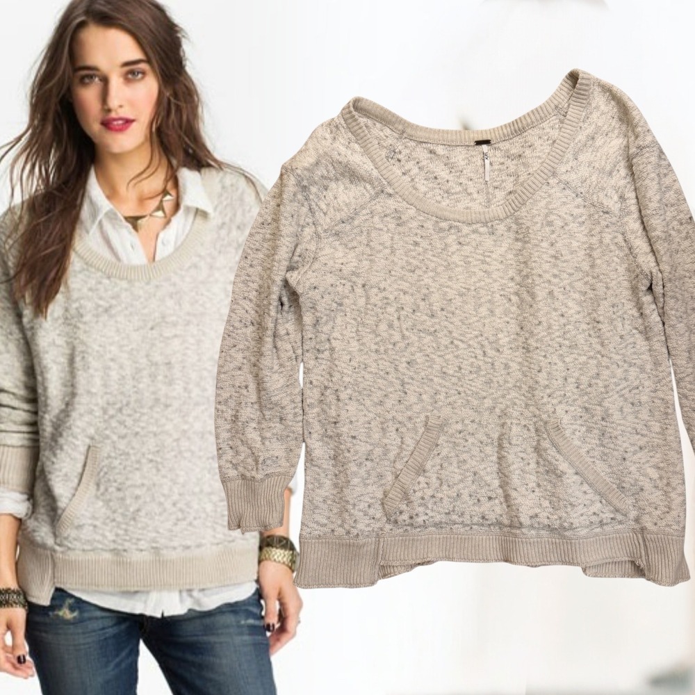 Free People Sweater Beach House Knit Kangaroo Pocket Oatmeal Large